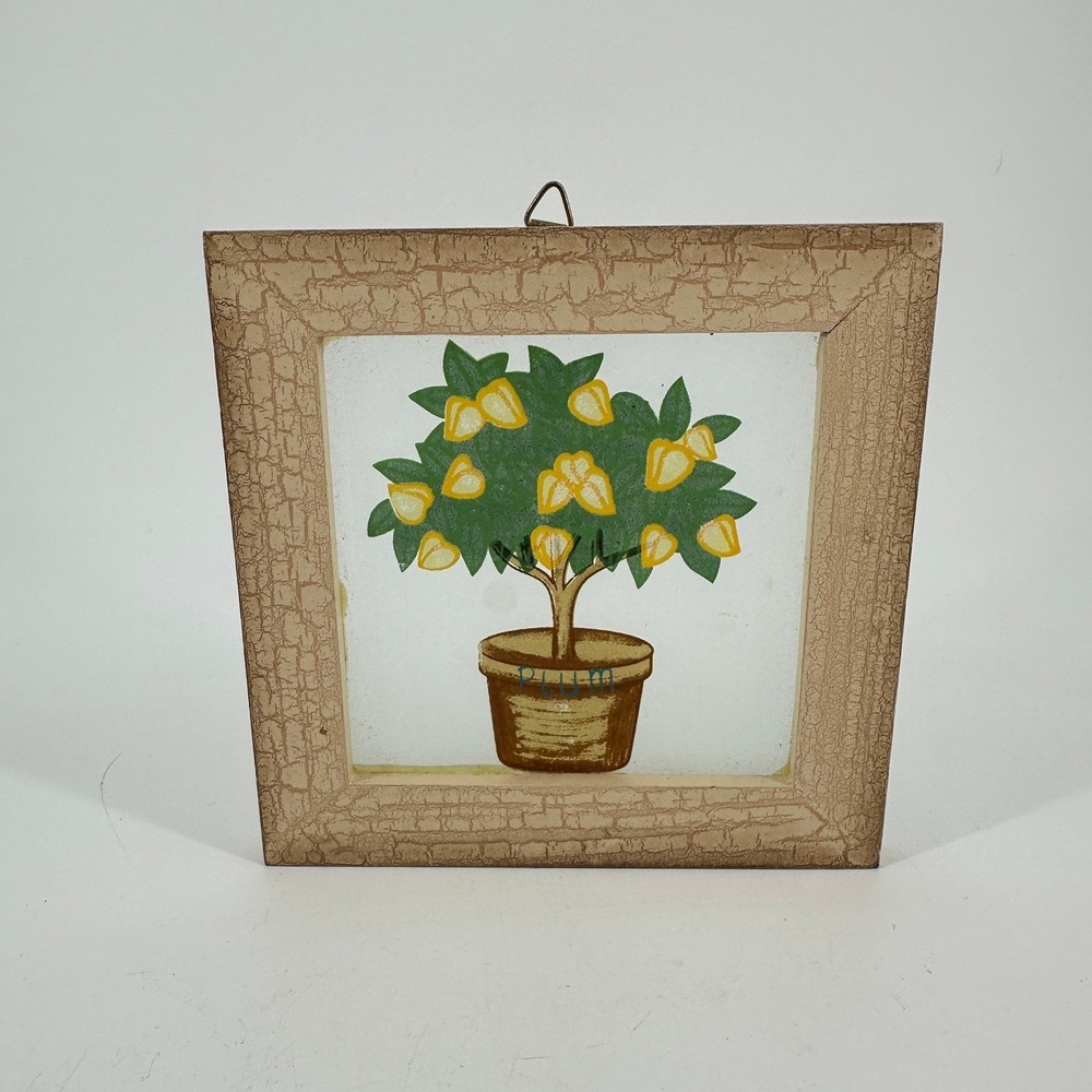 Vintage Reverse Painted Glass Plum Tree Wall Art Crackle Wood Frame 6x6